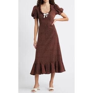 Sister Jane Knick Knack Ruffle Puff Sleeve Polka Dot Brown Maxi Dress Sz Large